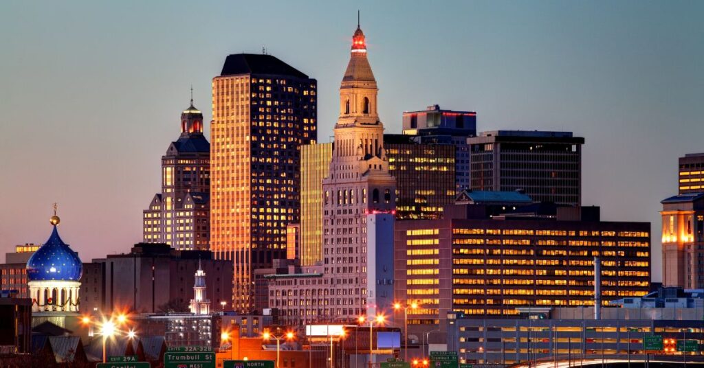 a view of the city skyline at night