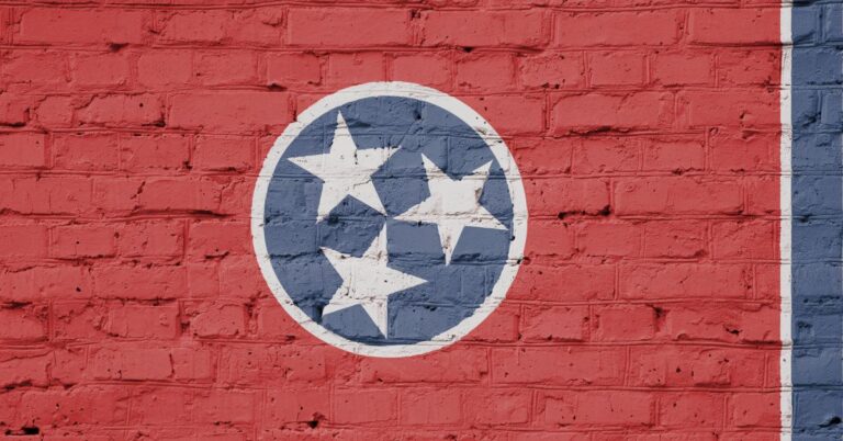 Tennessee flag displayed prominently on a textured brick wall, showcasing the state's colors and emblematic design.